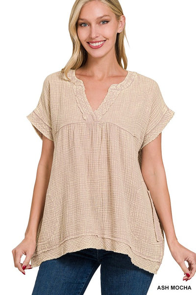 Gauze V-Neck Top - Ash Mocha