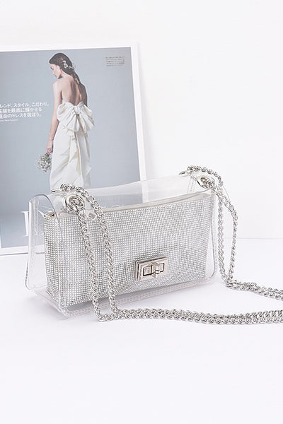 Transparent Crossbody bag w/ Rhinestone Clutch - Silver