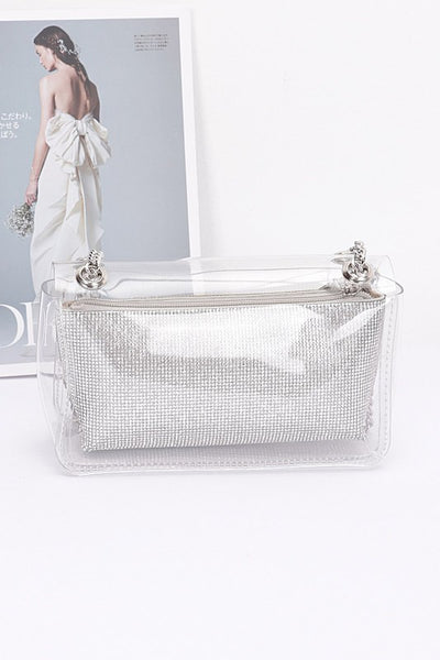 Transparent Crossbody bag w/ Rhinestone Clutch - Silver