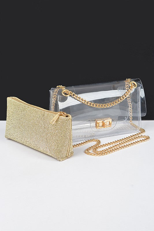 Transparent Crossbody. At w/ Rhinestone Clutch - Gold