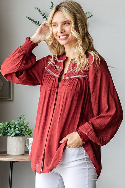 Embroidered Smocked Blouse - Brick - SALE