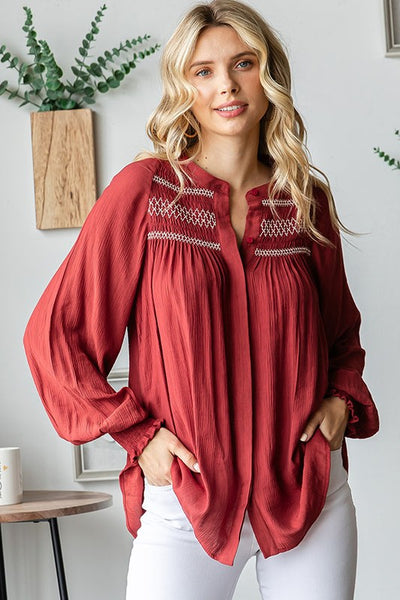 Embroidered Smocked Blouse - Brick - SALE