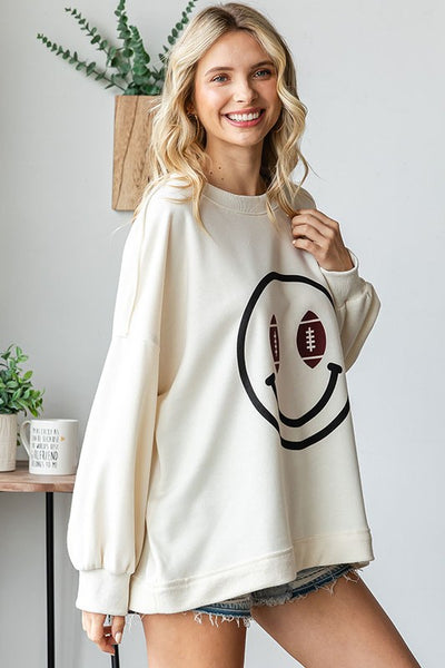 Football Smiley Face Sweatshirt - Cream - SALE