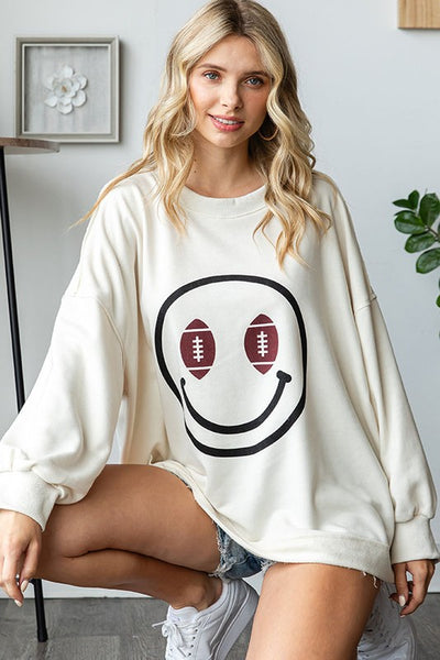 Football Smiley Face Sweatshirt - Cream - SALE