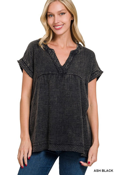 Gauze V-Neck Top - Ash Black