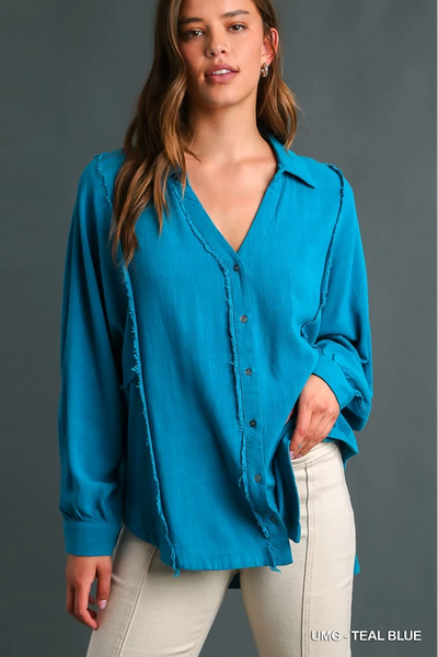 High Low Hem Button Up Top - Teal Blue