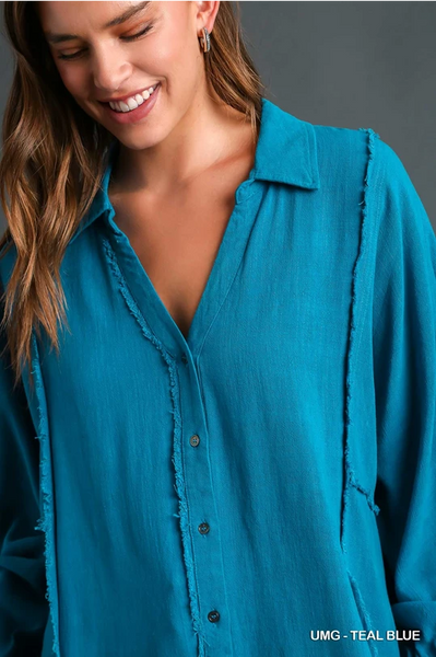 High Low Hem Button Up Top - Teal Blue