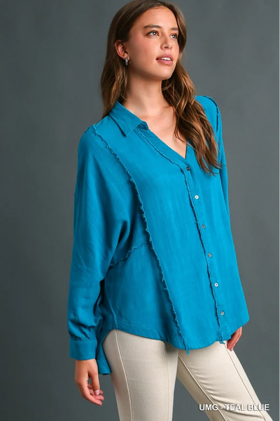 High Low Hem Button Up Top - Teal Blue