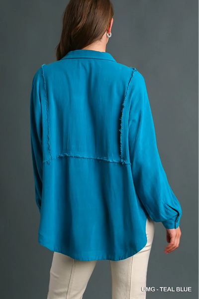 High Low Hem Button Up Top - Teal Blue