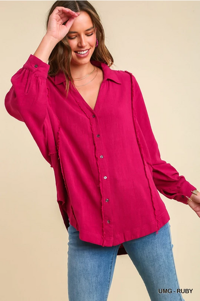 High Low Hem Button Up Top - Ruby