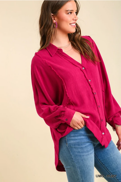 High Low Hem Button Up Top - Ruby