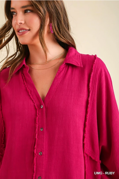 High Low Hem Button Up Top - Ruby