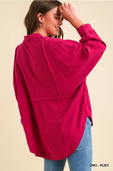 High Low Hem Button Up Top - Ruby