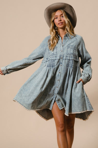 Mineral Washed Button Down Dress - Light Denim