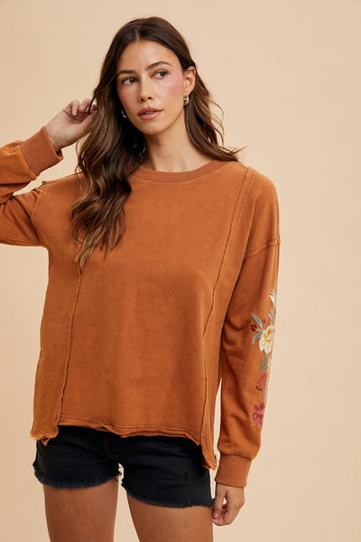 Embroidered Mineral Washed Top - Caramel