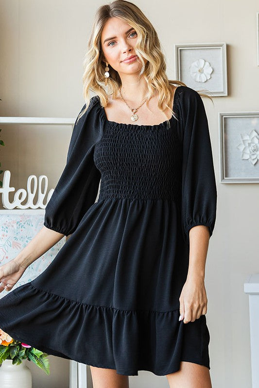 Smocked 3/4 Sleeve Dress - Black – Native Beach Boutique
