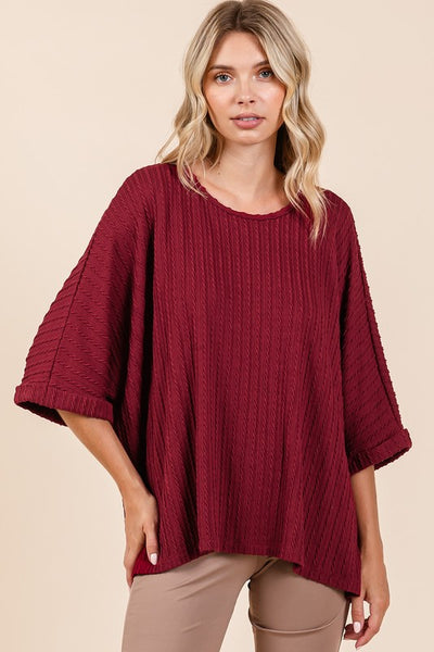 Textured Knit Dolman Sleeve Top - Wine