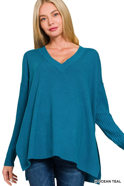 Ribbed Hem & Sleeve V-Neck Sweater - Teal