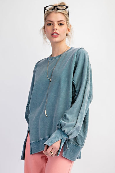 Lace Mix Mineral Washed Terry Knit Pullover - Teal