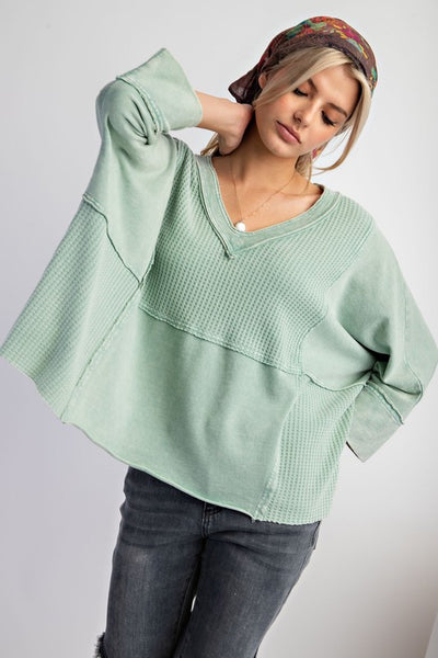 Mineral Washed Thermal V-Neck Top - Sage