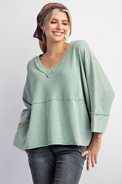 Mineral Washed Thermal V-Neck Top - Sage