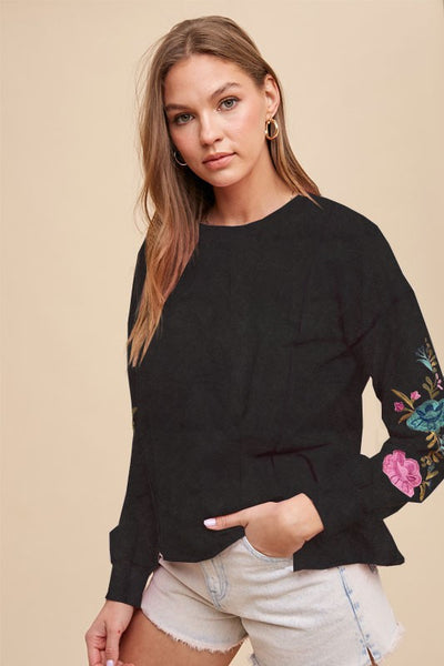 Embroidered Mineral Washed Top - Black