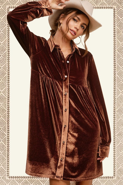 Button Front Velvet Dress - Smoked Topaz