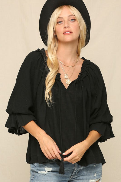 Boho Tie Front Top - Black