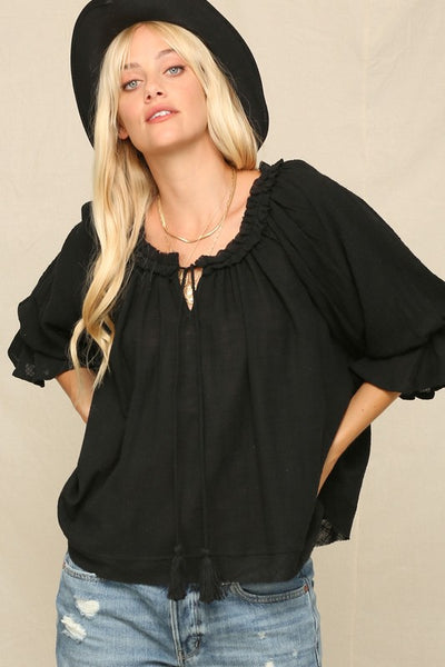 Boho Tie Front Top - Black