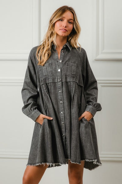 Mineral Washed Button Down Dress - Ash - SALE