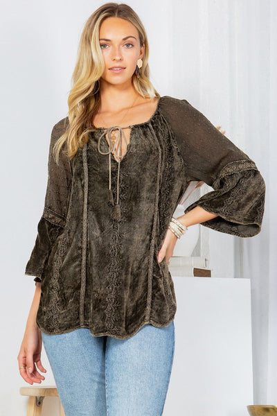 Bohemian Velvet Patchwork Top - Gravel - SALE