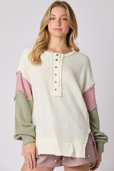 Color Block Henley Top - Ivory/Pink/Olive