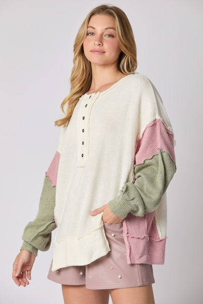 Color Block Henley Top - Ivory/Pink/Olive