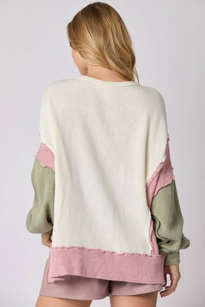 Color Block Henley Top - Ivory/Pink/Olive