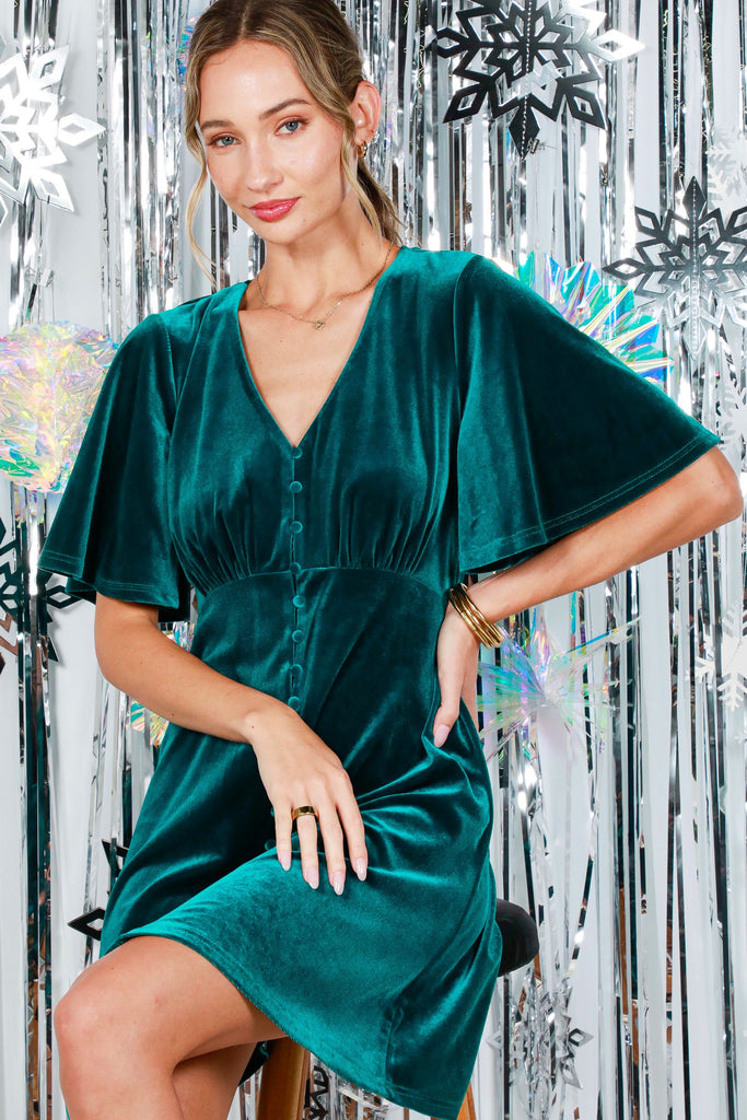 Short Ruffle Sleeve Velvet Mini Dress - Teal - SALE Native Beach Boutique Short Ruffle Sleeve Velvet Mini Dress - Teal - SALE Native Beach Boutique