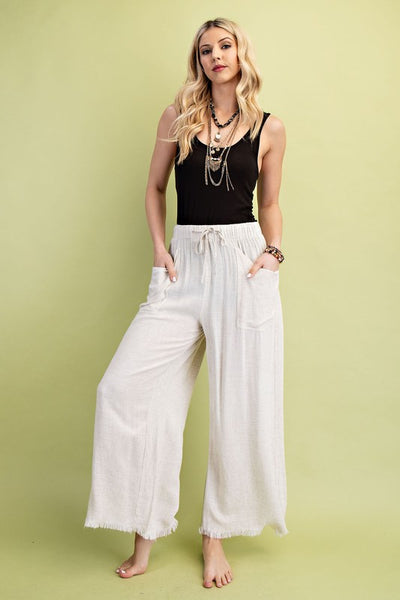 Frayed Cropped Wide Leg Pants - Oatmeal