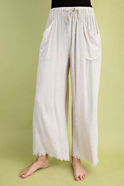 Frayed Cropped Wide Leg Pants - Oatmeal