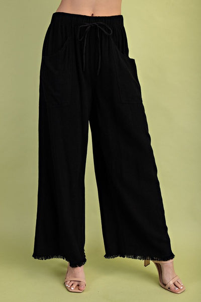 Frayed Cropped Wide Leg Pants - Black