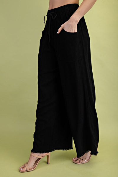 Frayed Cropped Wide Leg Pants - Black