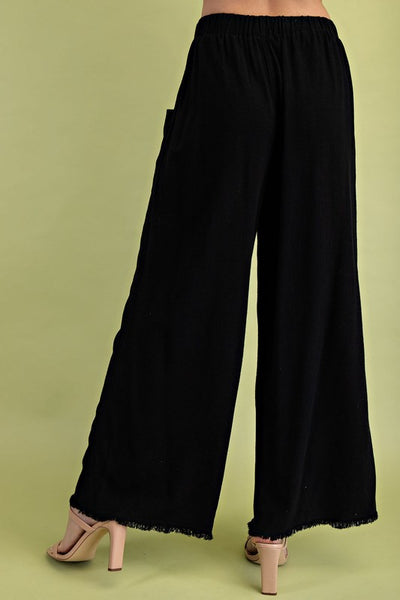 Frayed Cropped Wide Leg Pants - Black