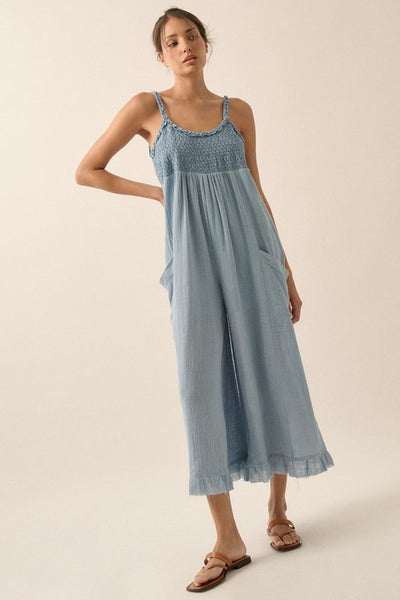 Smocked Ruffled Wide Leg Cropped Jumpsuit - Denim Blue