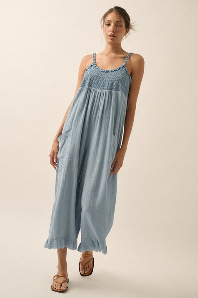 Smocked Ruffled Wide Leg Cropped Jumpsuit - Denim Blue