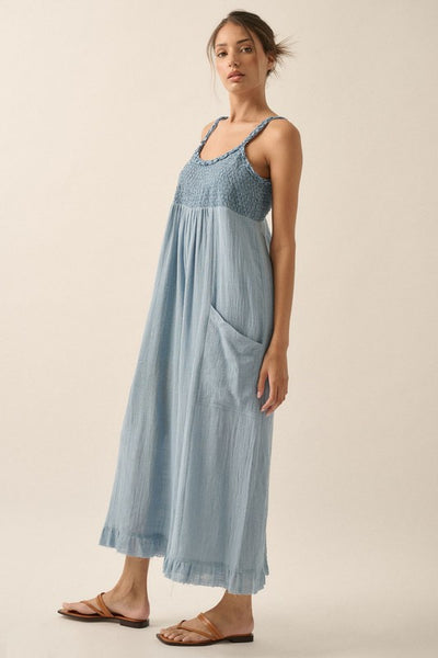 Smocked Ruffled Wide Leg Cropped Jumpsuit - Denim Blue