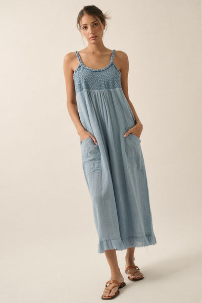 Smocked Ruffled Wide Leg Cropped Jumpsuit - Denim Blue