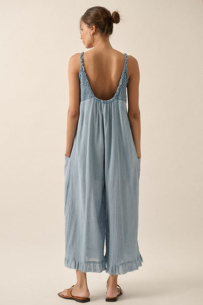 Smocked Ruffled Wide Leg Cropped Jumpsuit - Denim Blue