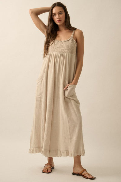 Smocked Ruffled Wide Leg Cropped Jumpsuit - Natural