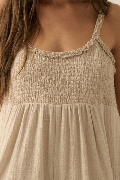 Smocked Ruffled Wide Leg Cropped Jumpsuit - Natural