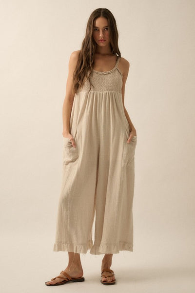 Smocked Ruffled Wide Leg Cropped Jumpsuit - Natural