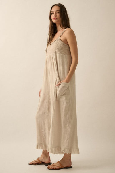 Smocked Ruffled Wide Leg Cropped Jumpsuit - Natural