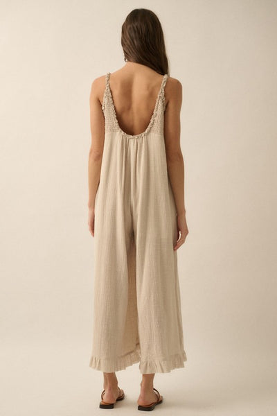 Smocked Ruffled Wide Leg Cropped Jumpsuit - Natural